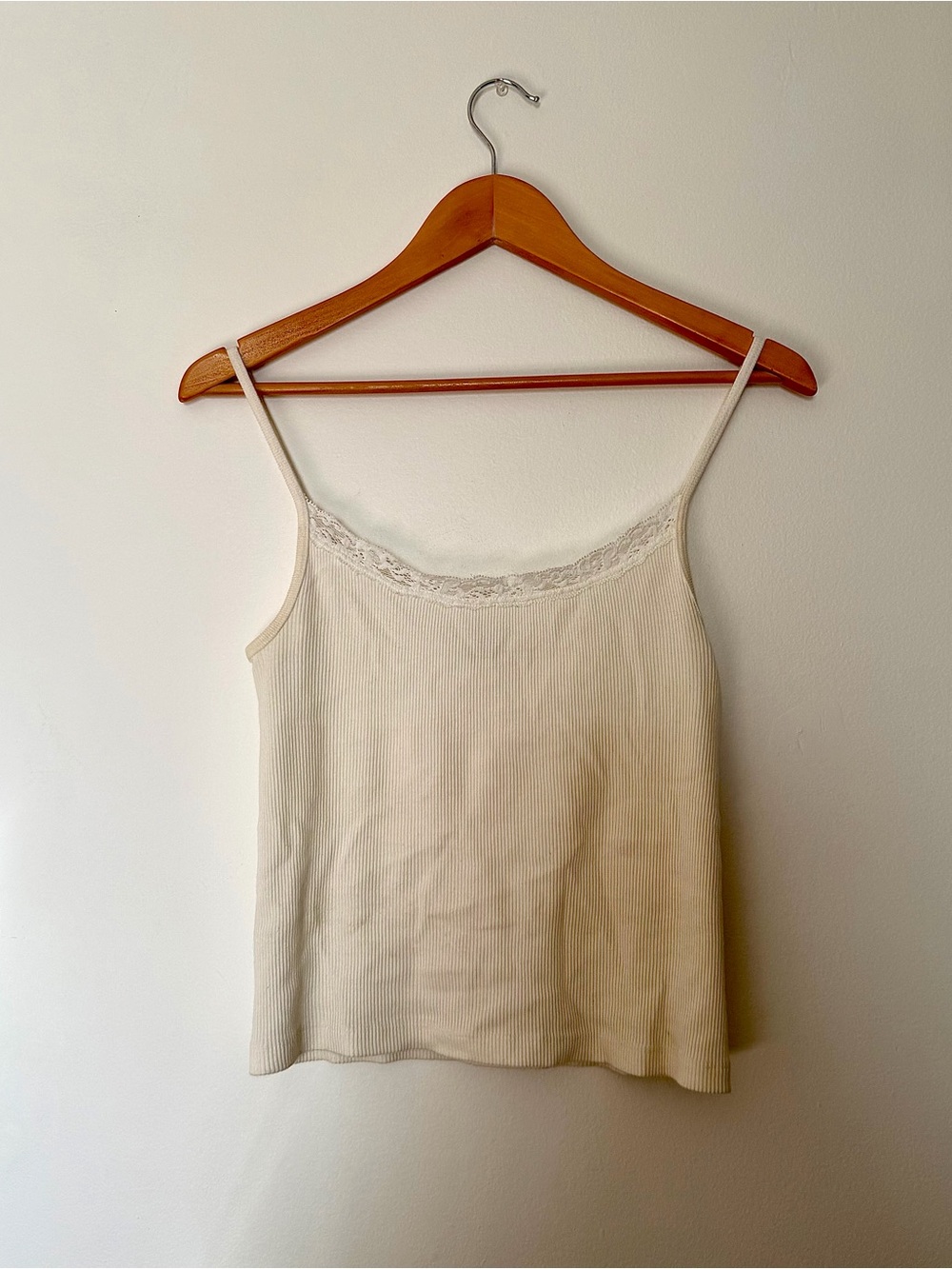 Brandy Melville Cream Ribbed Lace-Trim Cami Tank